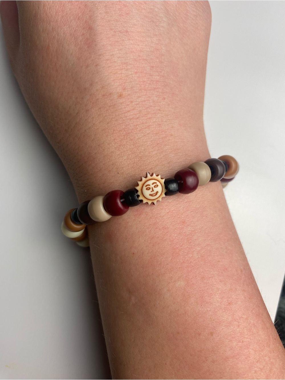 Sun Face Beaded Bracelet in Beige, Burgundy & Black